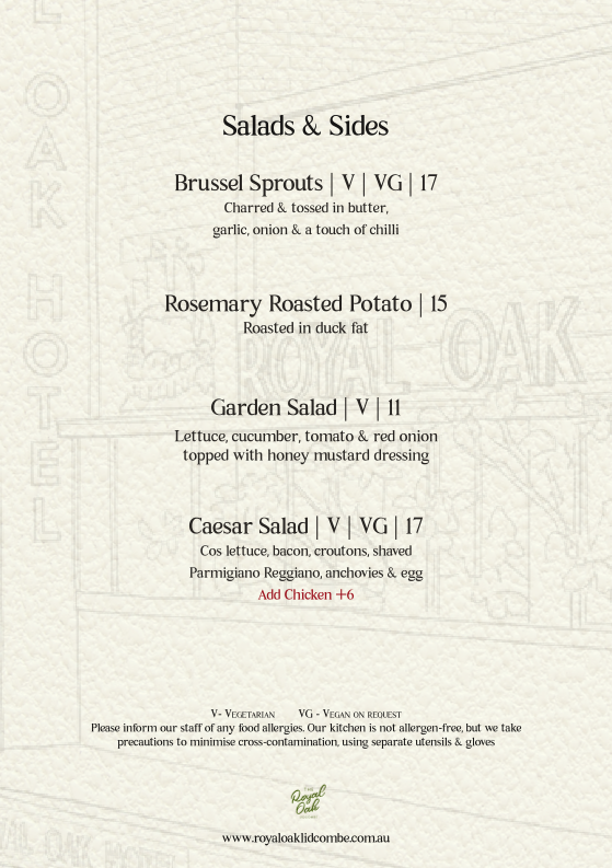 Menu, Royal Oak Hotel Lidcombe