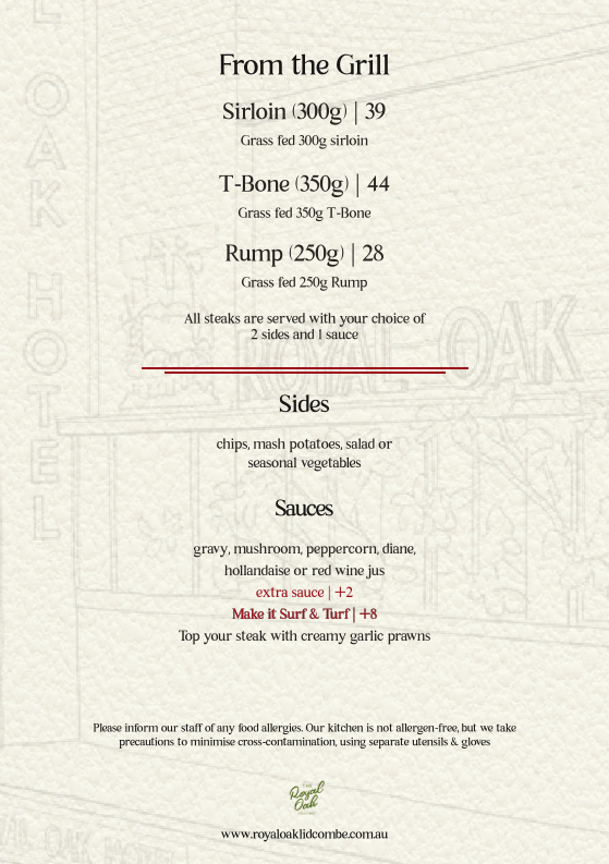 Menu, Royal Oak Hotel Lidcombe