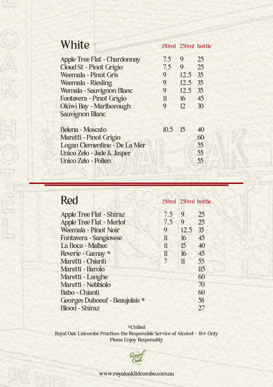 Menu, Royal Oak Hotel Lidcombe