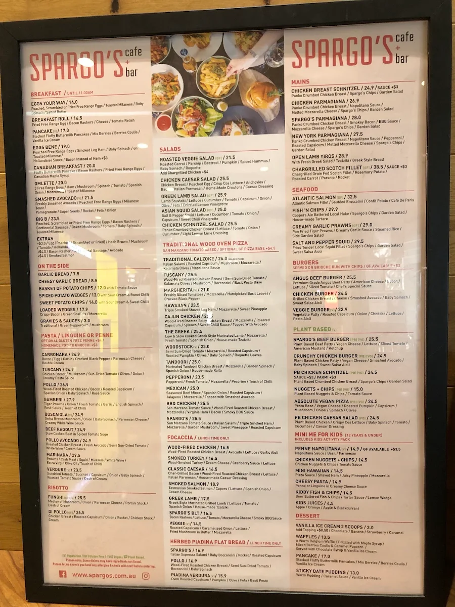 Menu, Spargo's Cafe + Bar