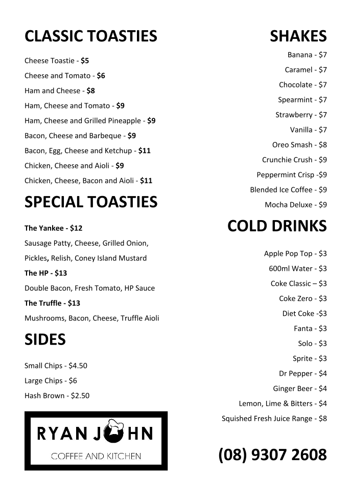 Menu, Ryan John Coffee and Kitchen