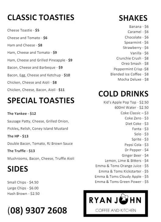 Menu, Ryan John Coffee and Kitchen