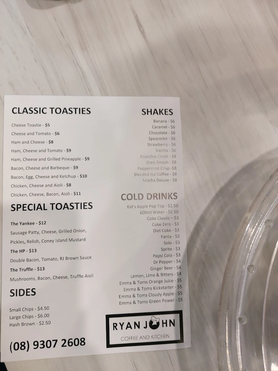 Menu, Ryan John Coffee and Kitchen