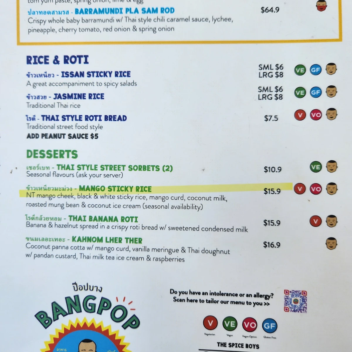 Menu, BangPop