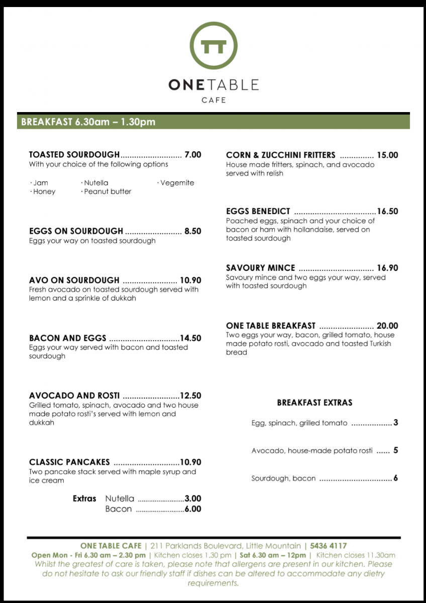 Menu, One Table Cafe - Little Mountain