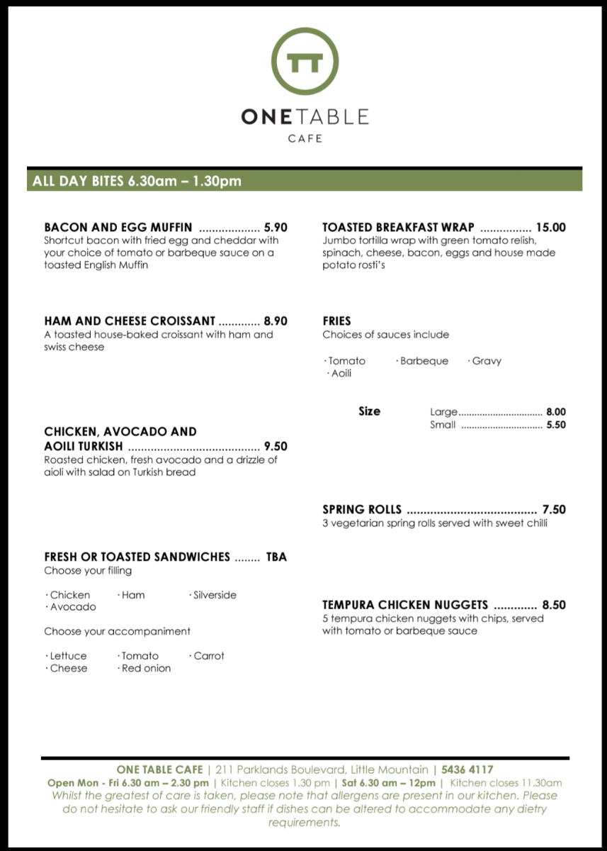 Menu, One Table Cafe - Little Mountain