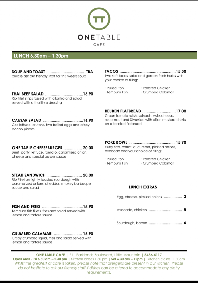 Menu, One Table Cafe - Little Mountain