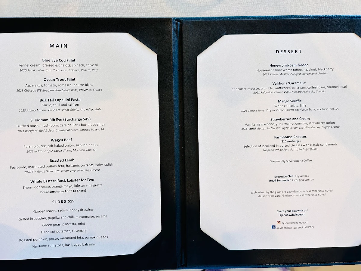 Menu, Jonah’s Restaurant & Boutique Hotel