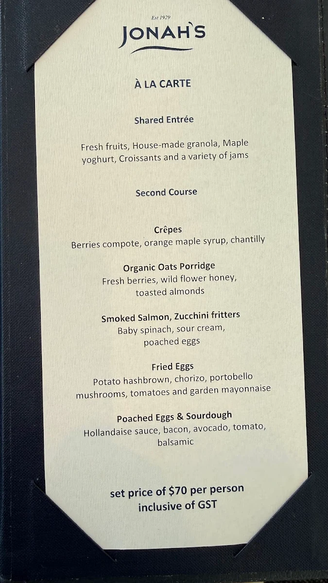 Menu, Jonah’s Restaurant & Boutique Hotel