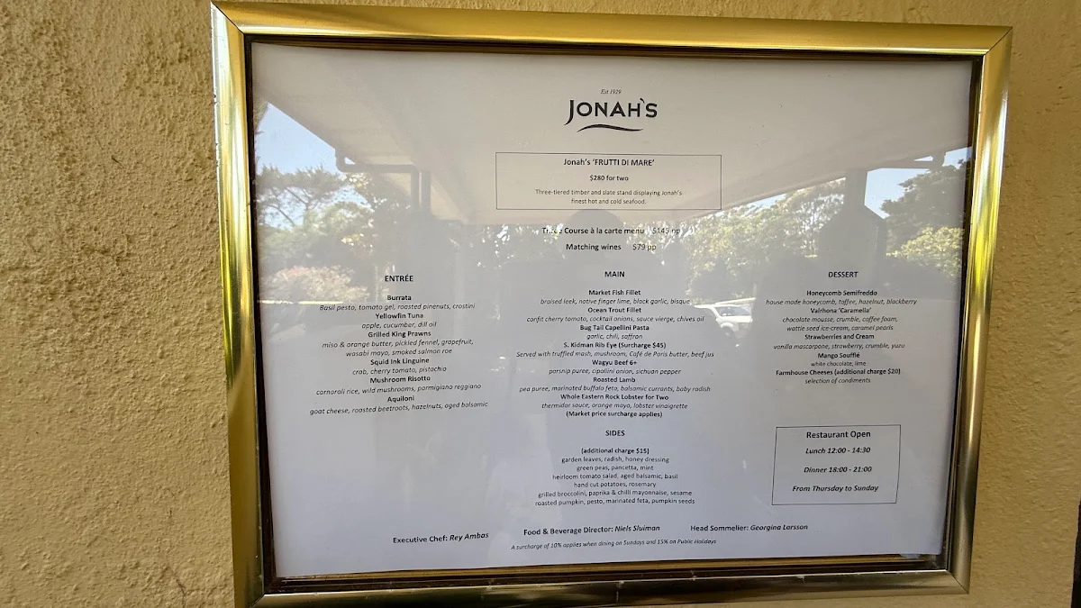 Menu, Jonah’s Restaurant & Boutique Hotel