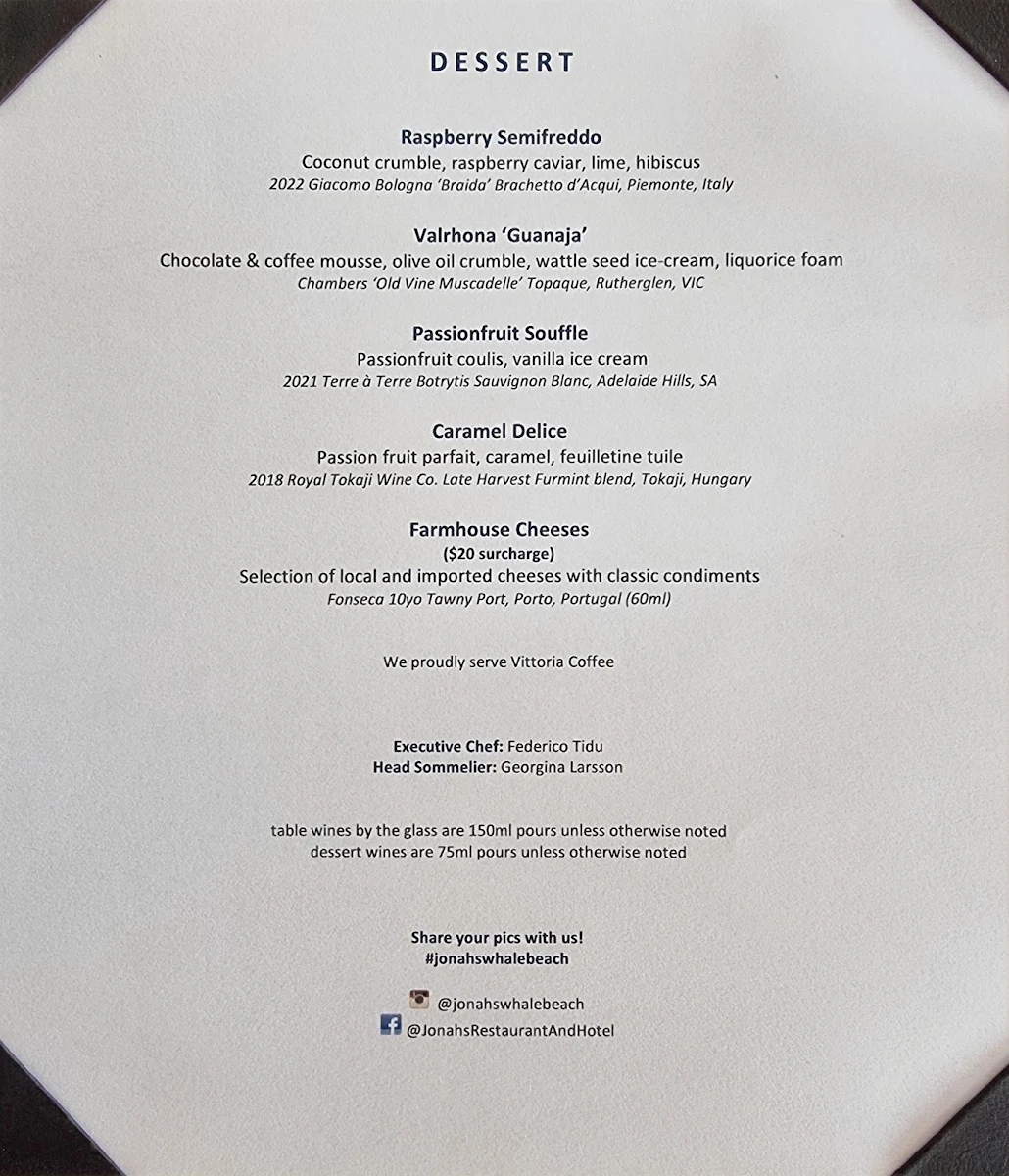 Menu, Jonah’s Restaurant & Boutique Hotel