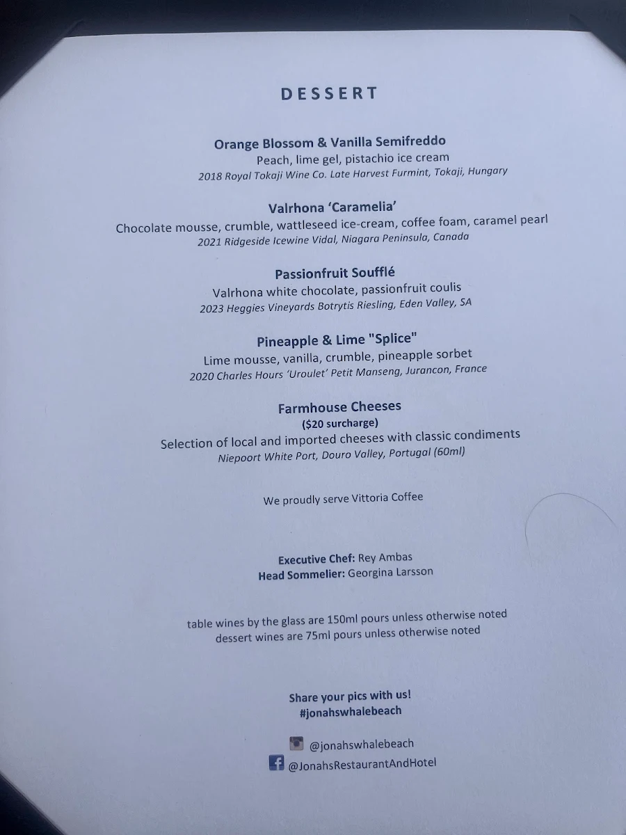 Menu, Jonah’s Restaurant & Boutique Hotel