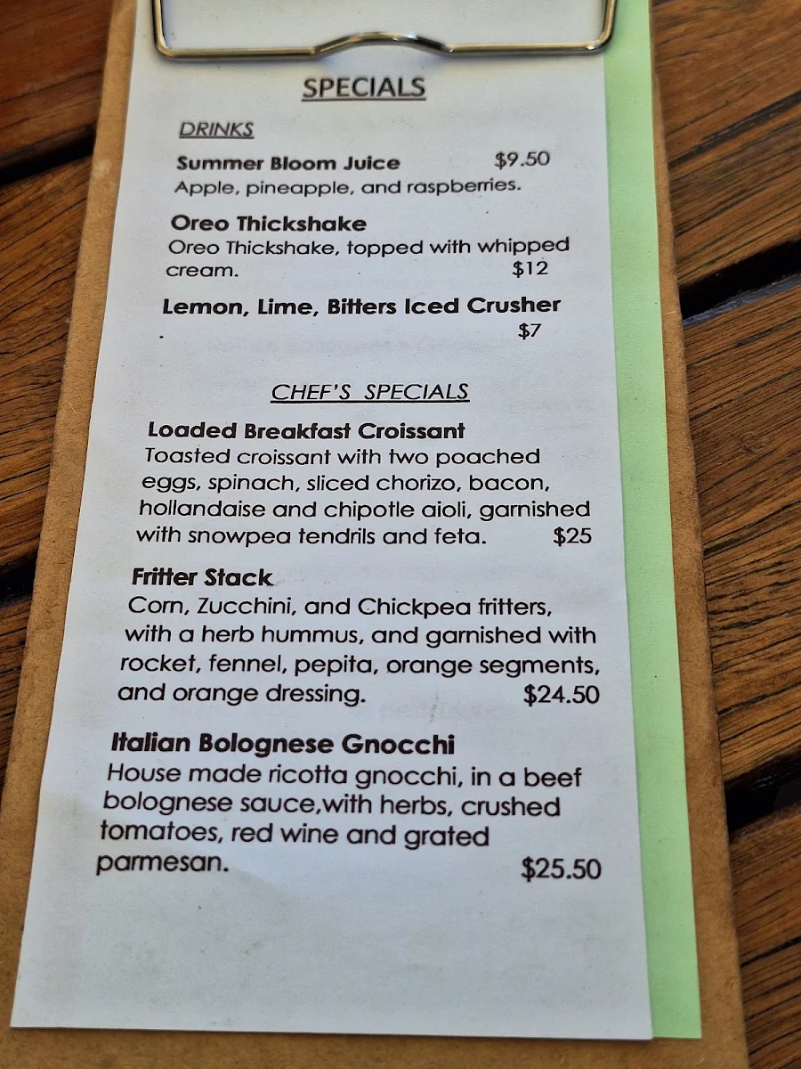 Menu, the Lilydale General