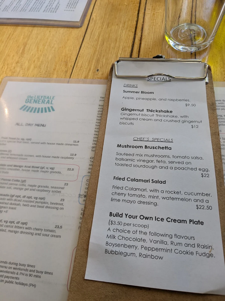 Menu, the Lilydale General