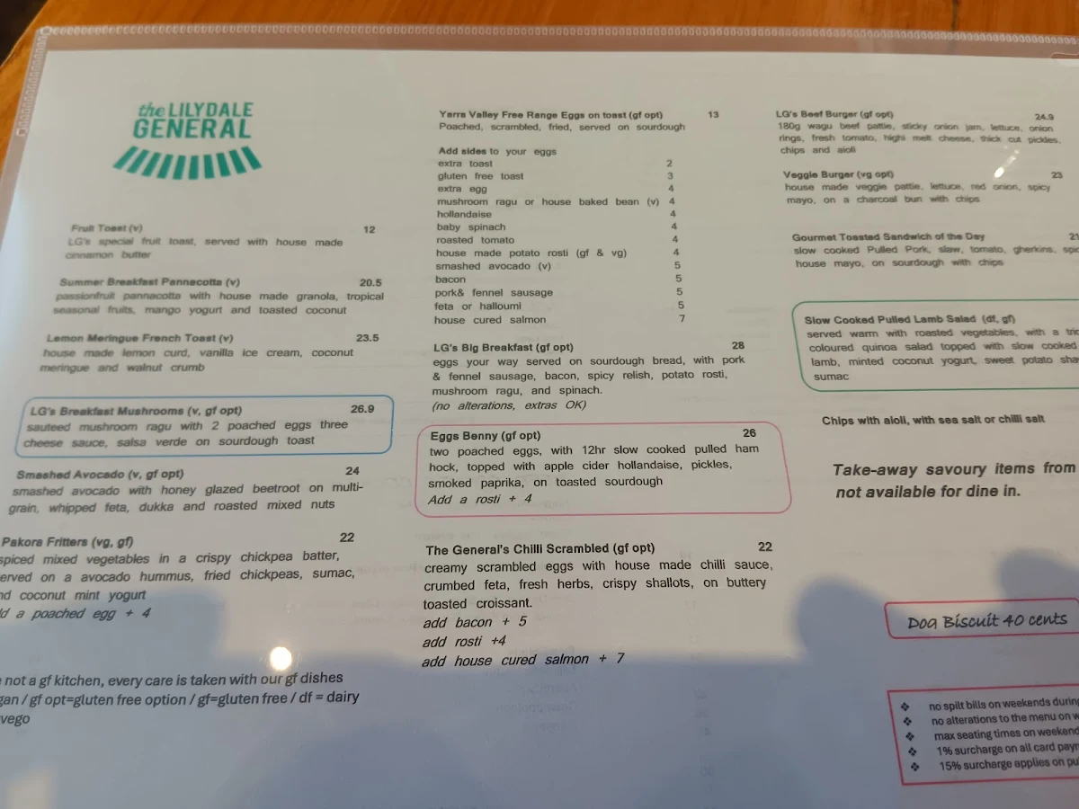 Menu, the Lilydale General