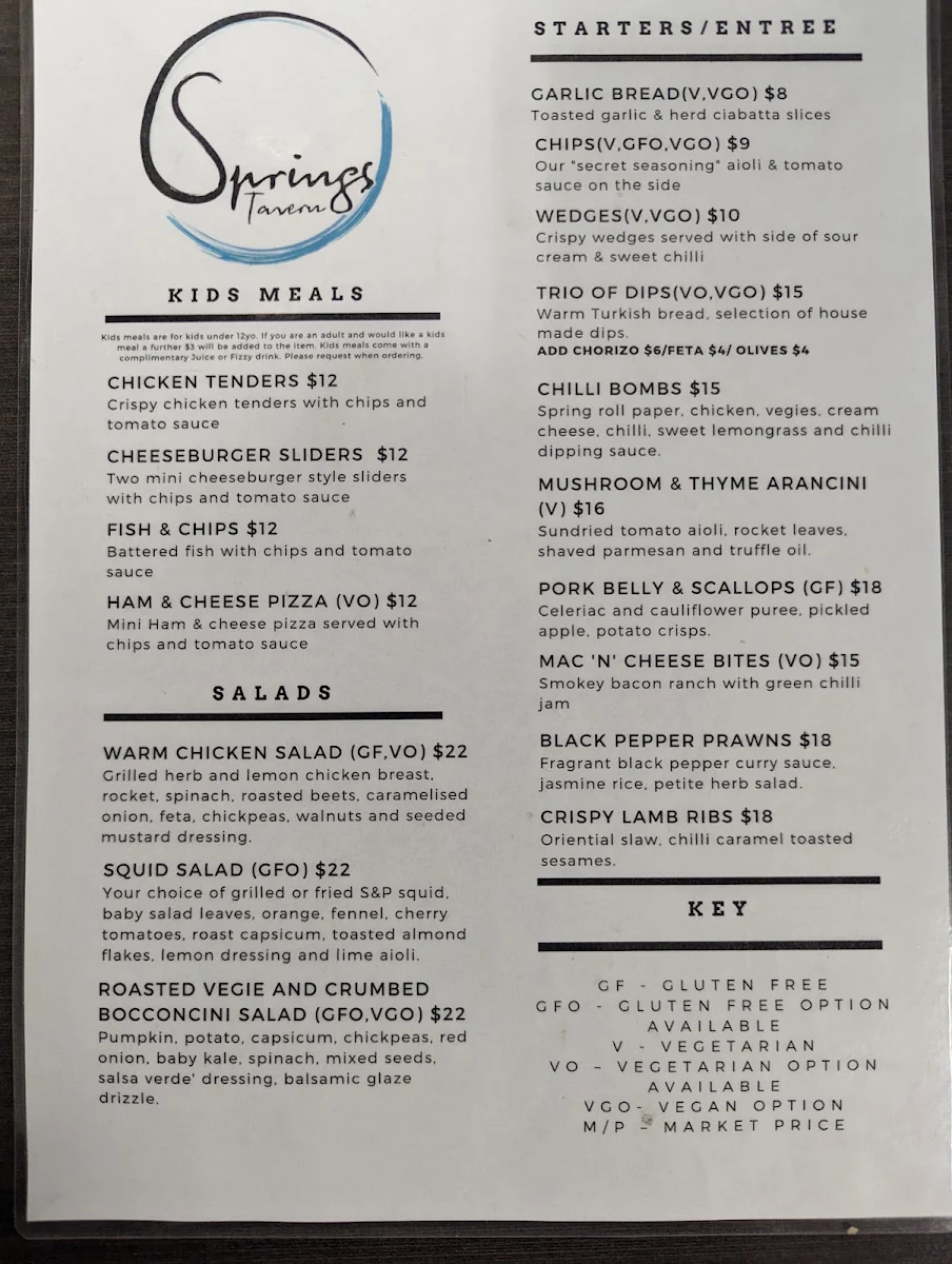 Menu, Springs Tavern
