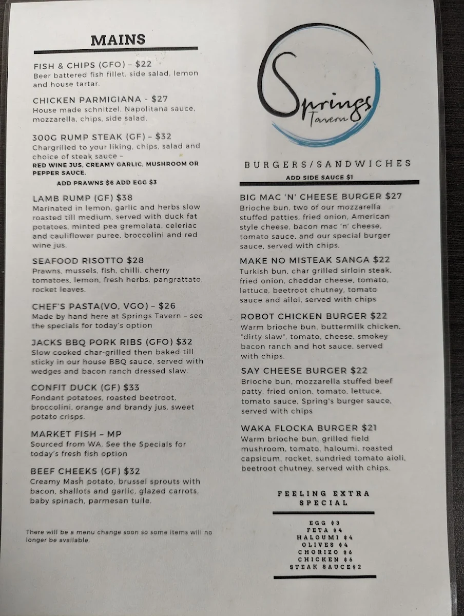 Menu, Springs Tavern