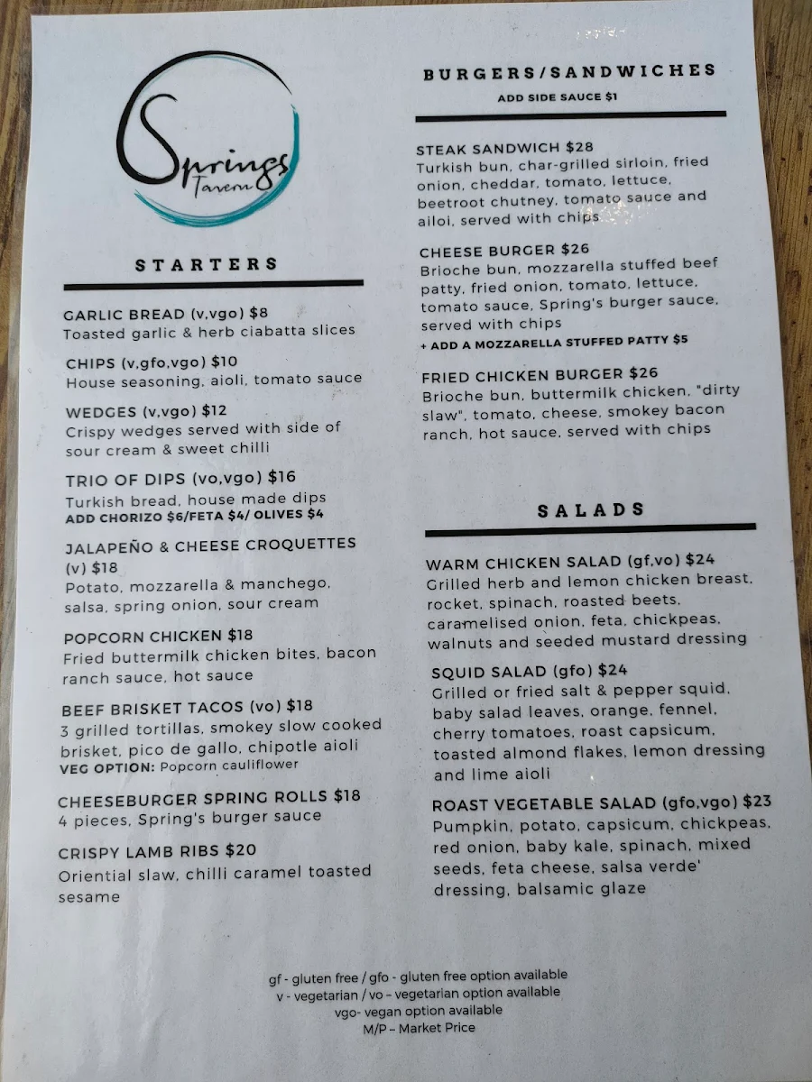 Menu, Springs Tavern