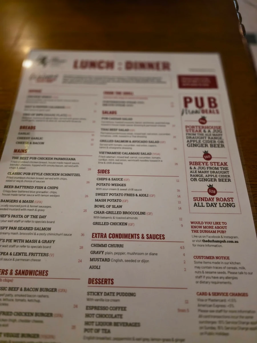 Menu, The Durham Castle Arms Pub