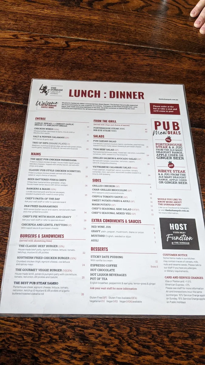 Menu, The Durham Castle Arms Pub