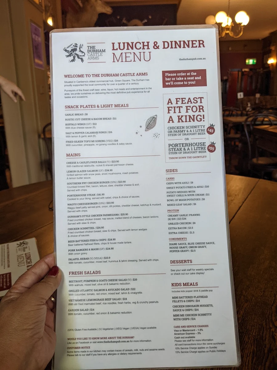 Menu, The Durham Castle Arms Pub
