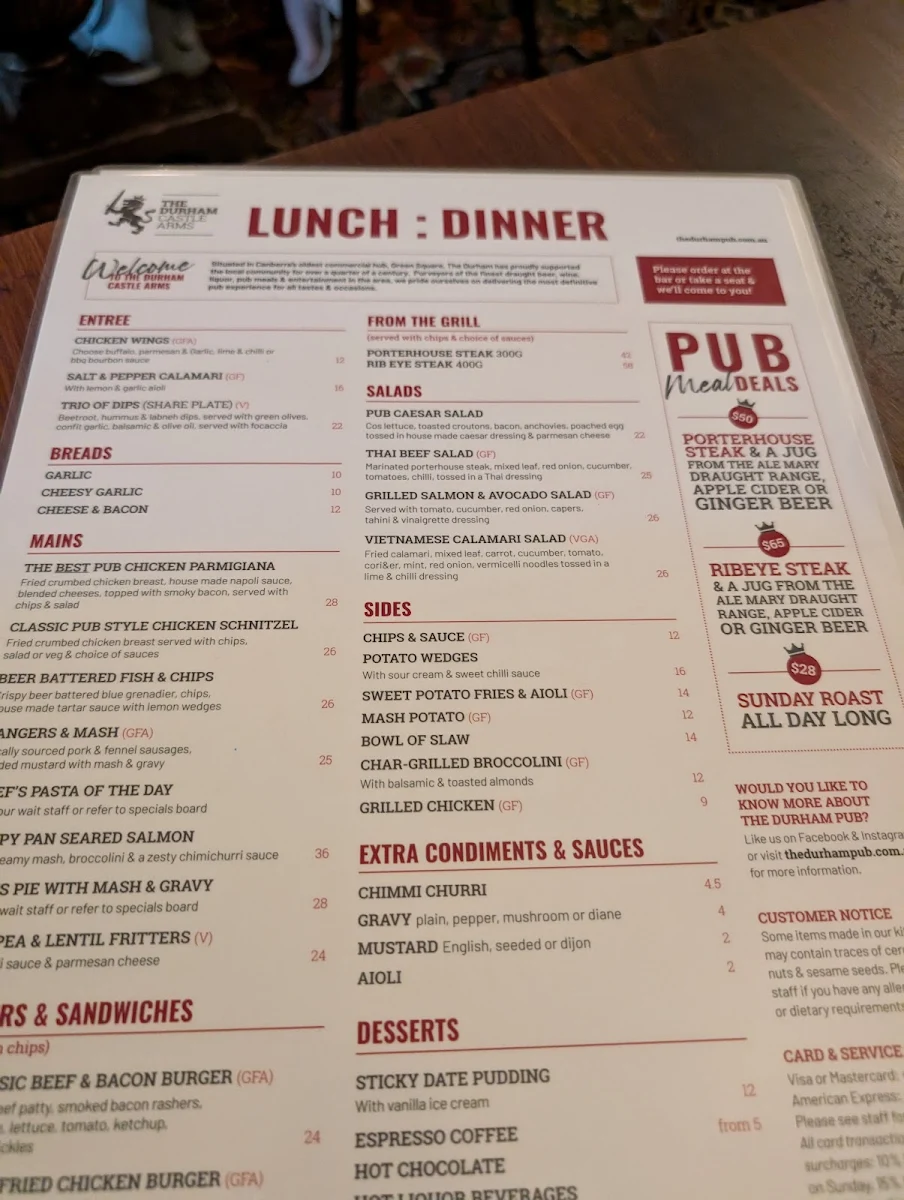 Menu, The Durham Castle Arms Pub