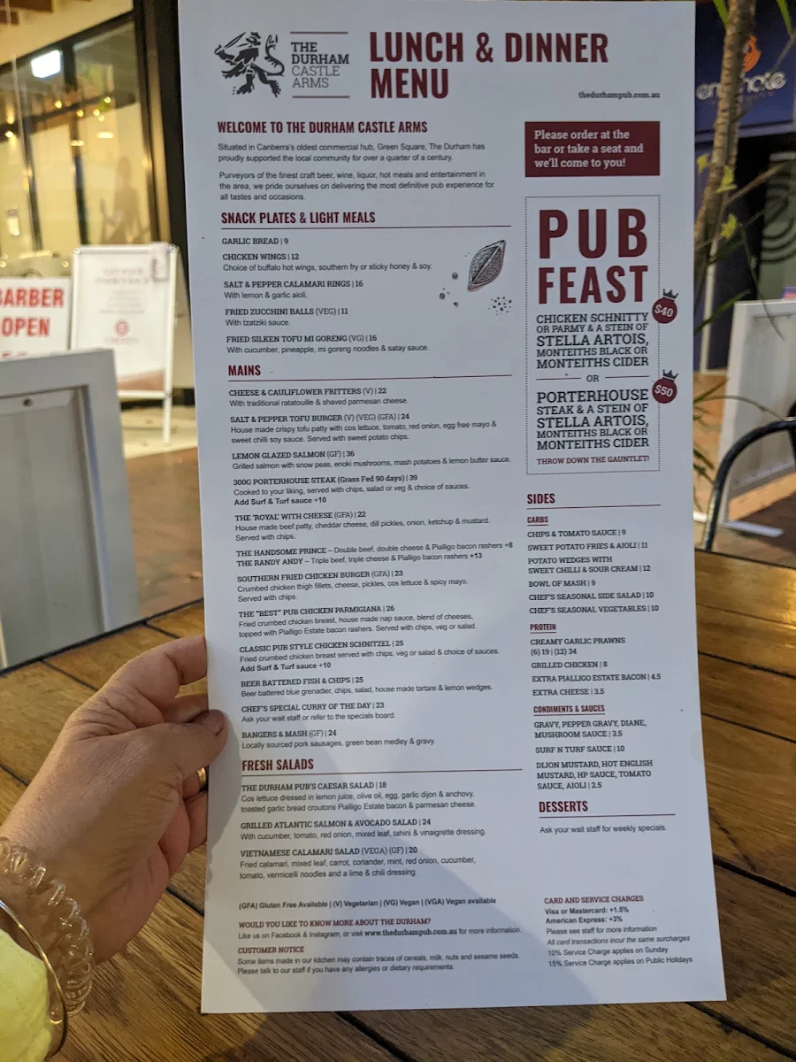 Menu, The Durham Castle Arms Pub