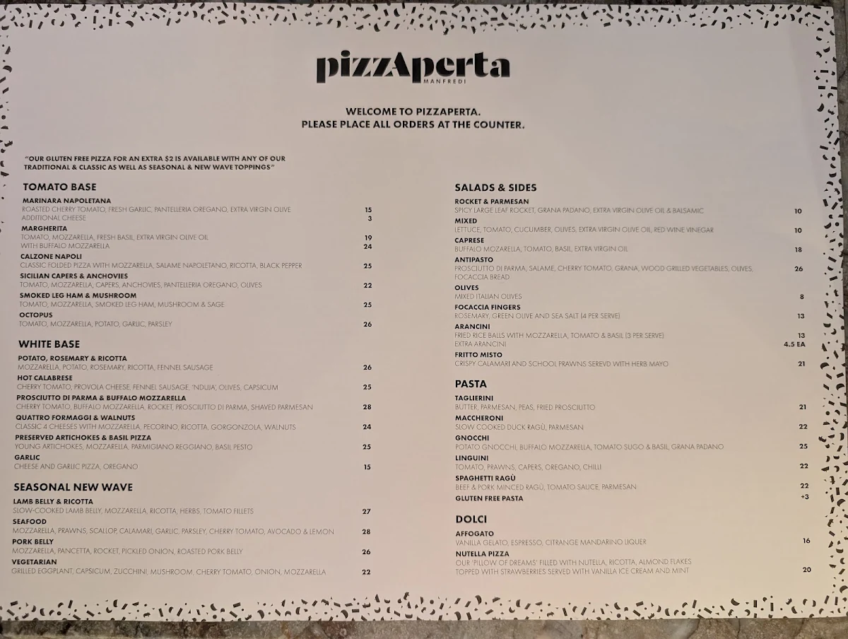Menu, Pizzaperta Manfredi, West HQ