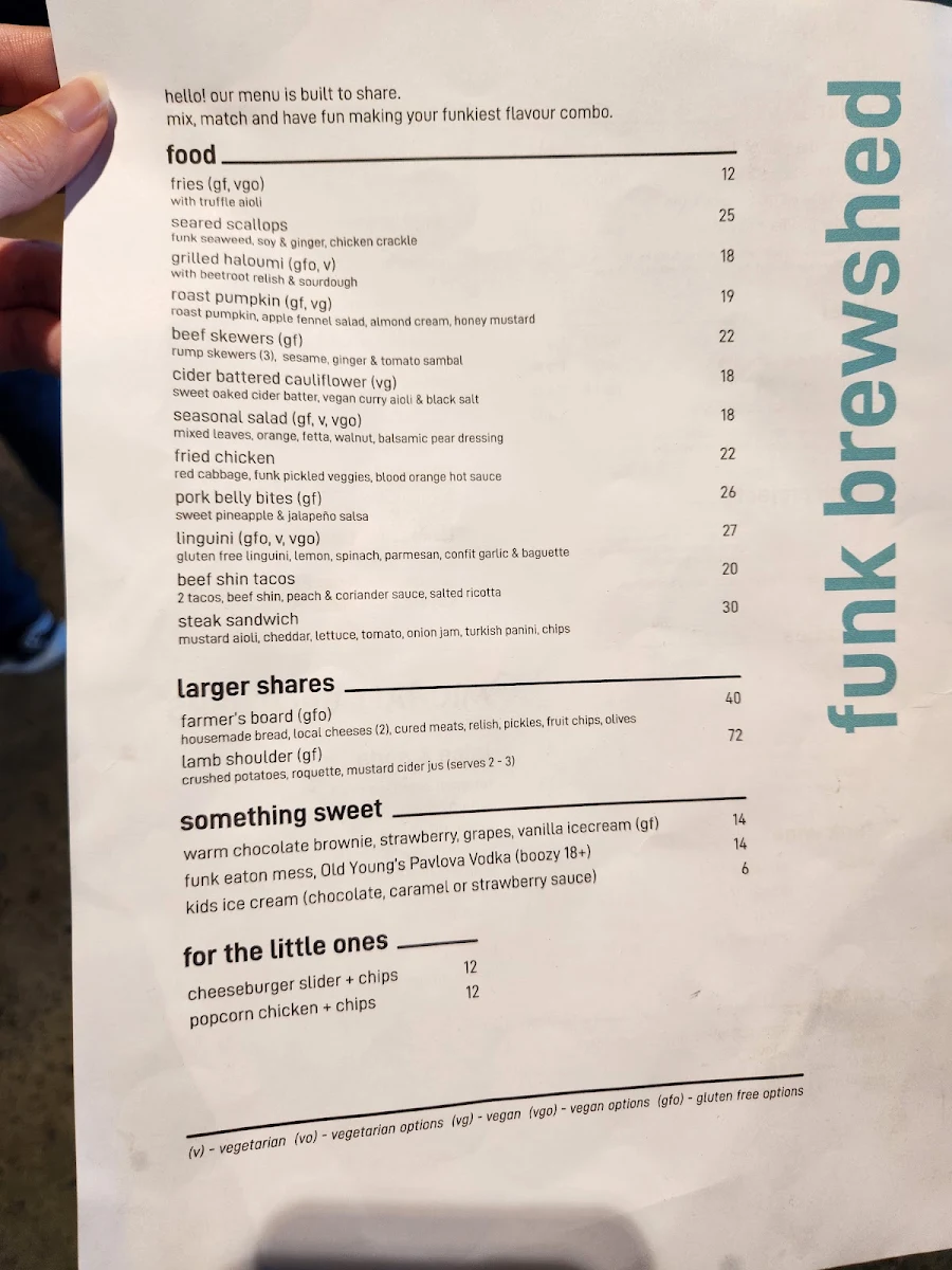 Menu, Funk Brewshed