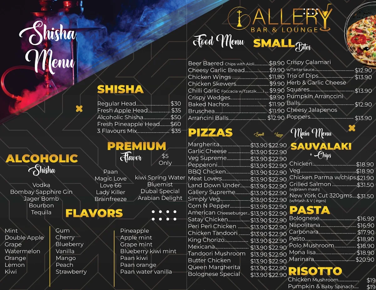 Menu, Gallery Pizza Bar & Shisha Lounge