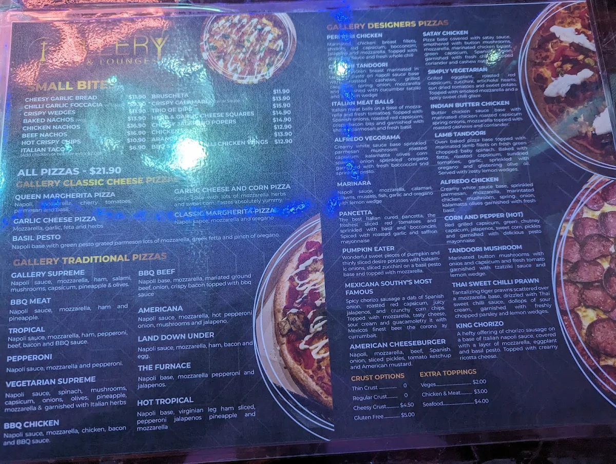 Menu, Gallery Pizza Bar & Shisha Lounge