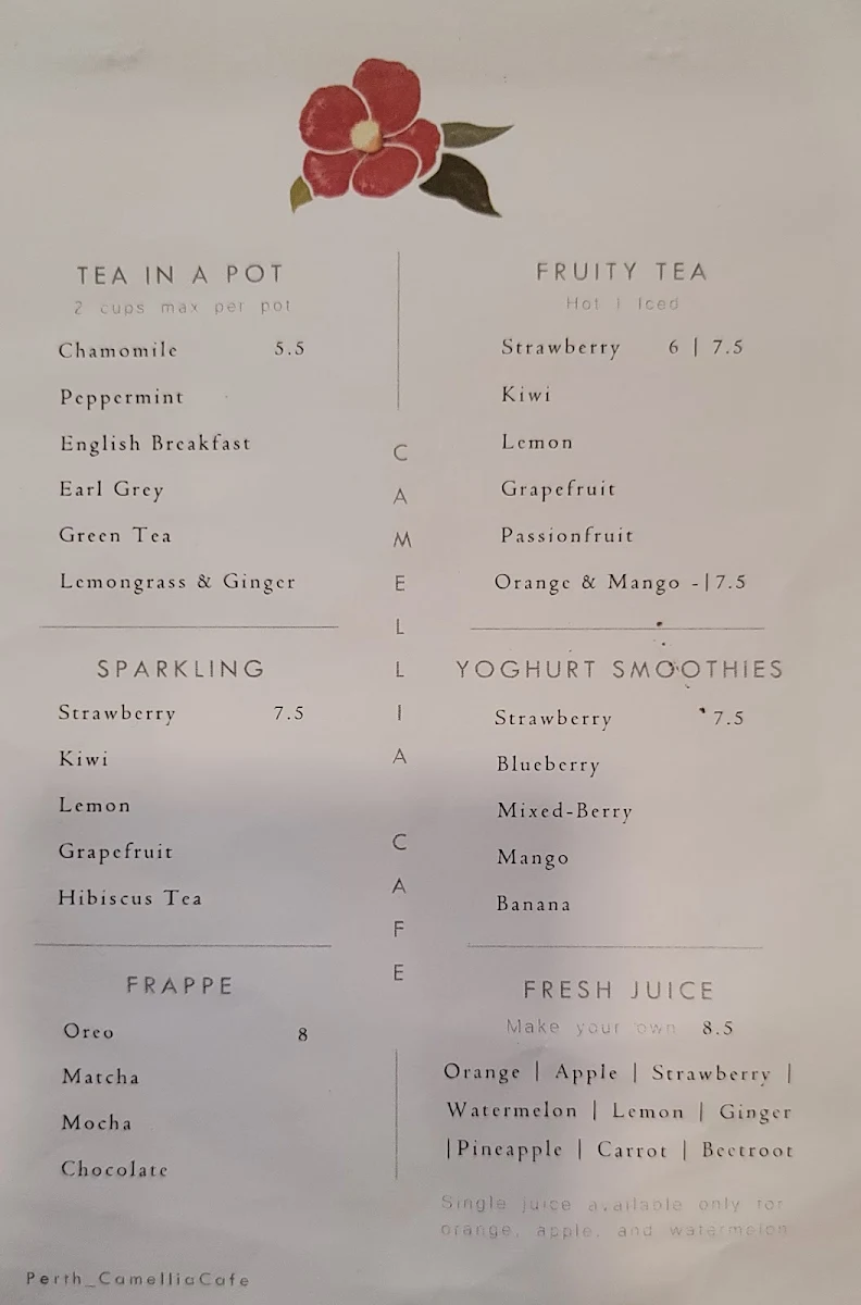 Menu, Camellia Cafe