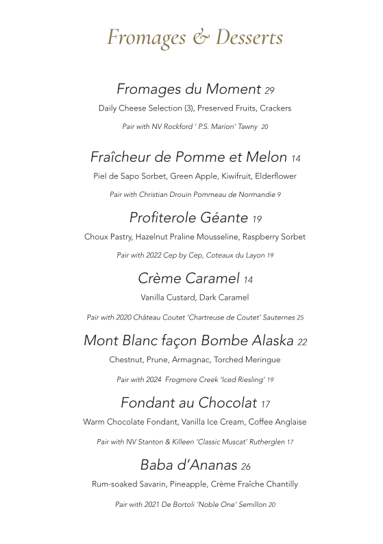 Menu, Ananas Bar & Brasserie