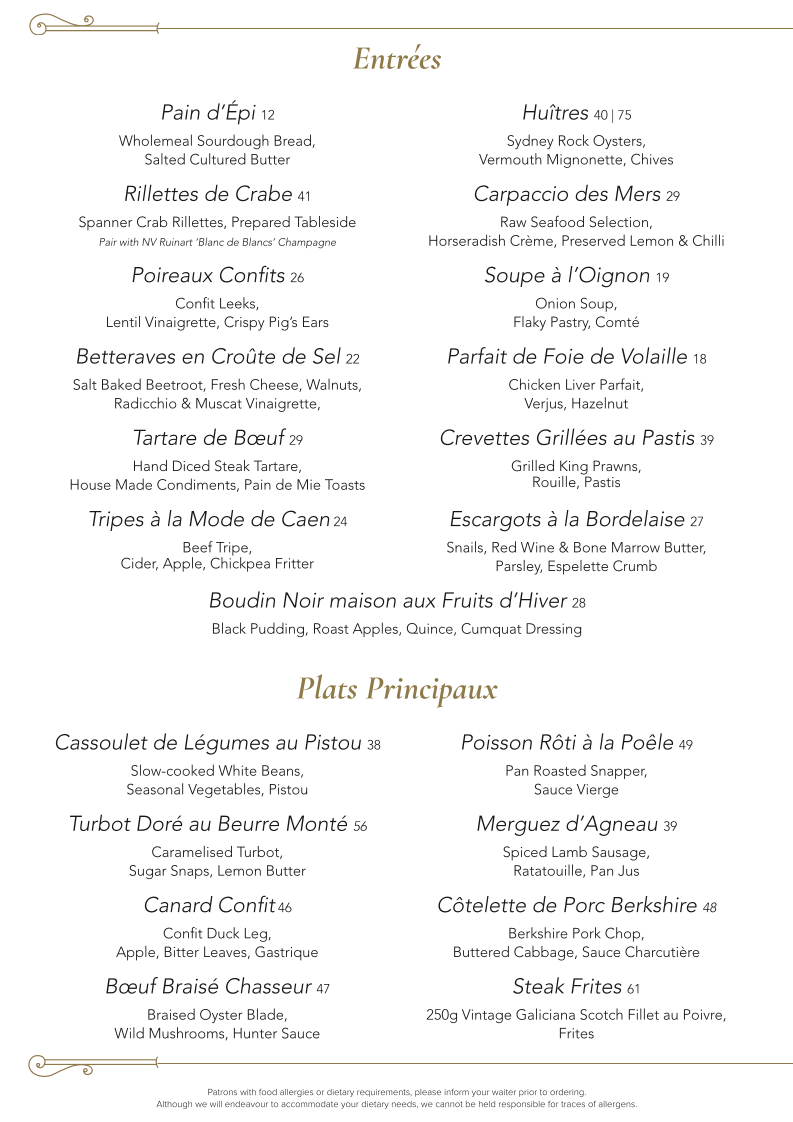 Menu, Ananas Bar & Brasserie