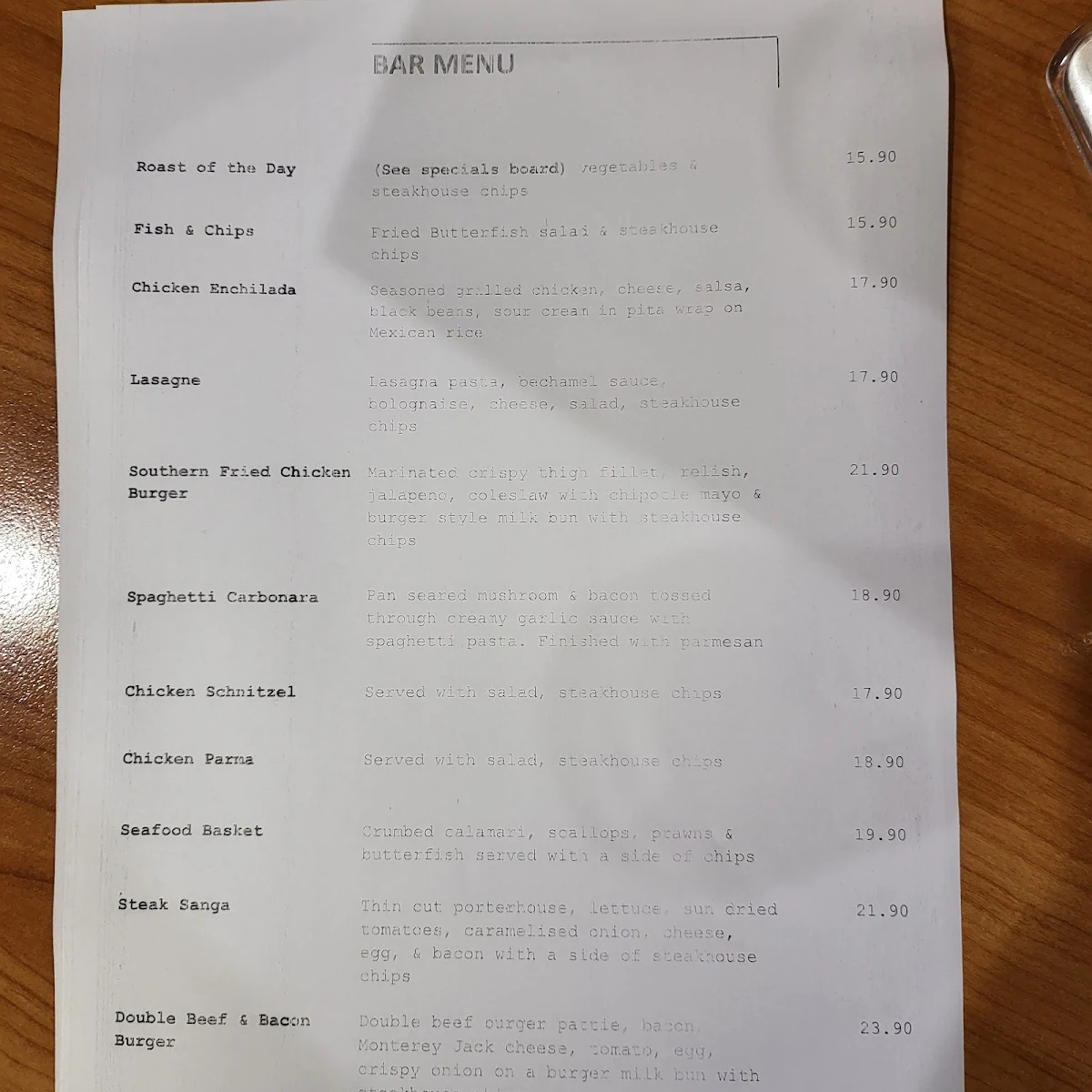 Menu, Lara Hotel