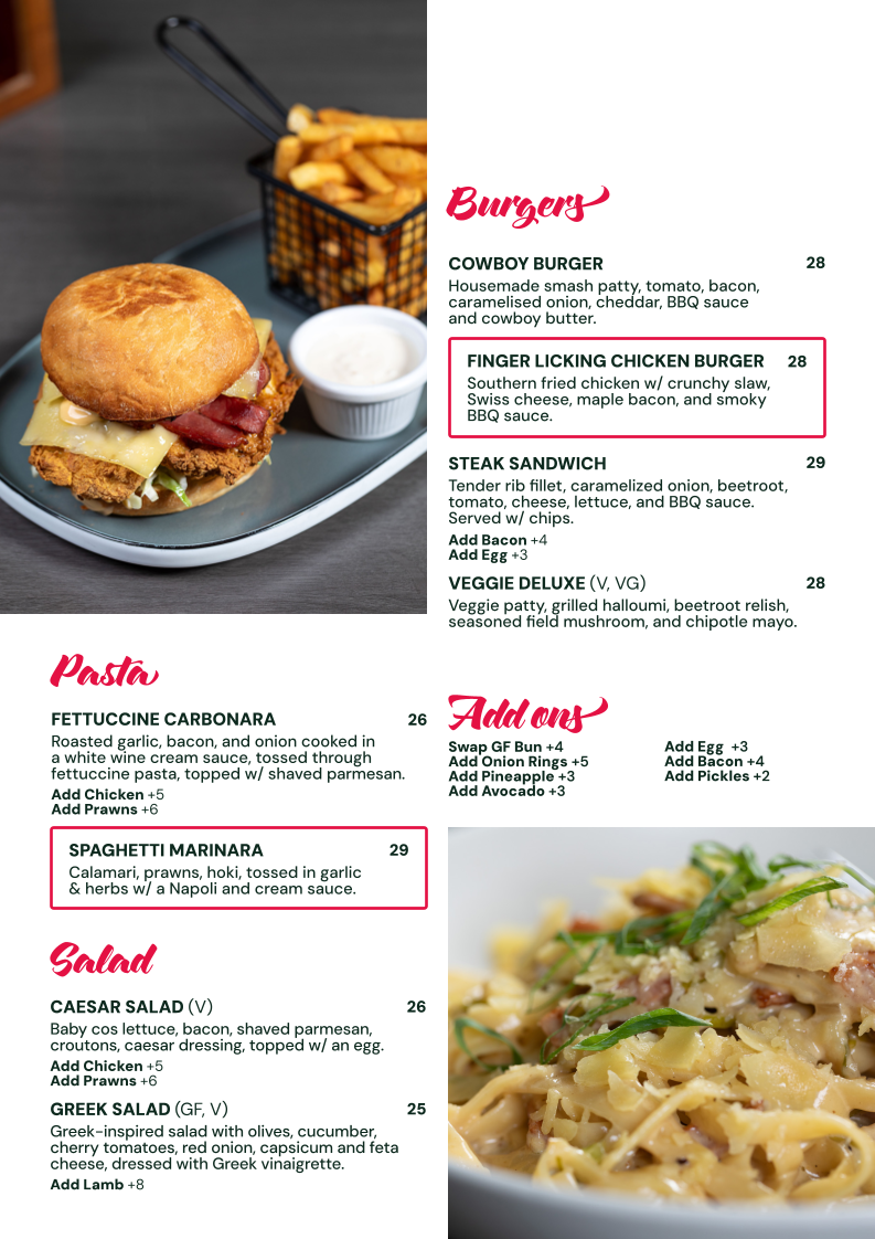 Menu, Tatts Hotel