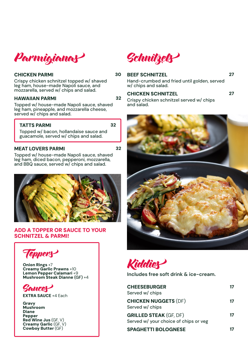 Menu, Tatts Hotel