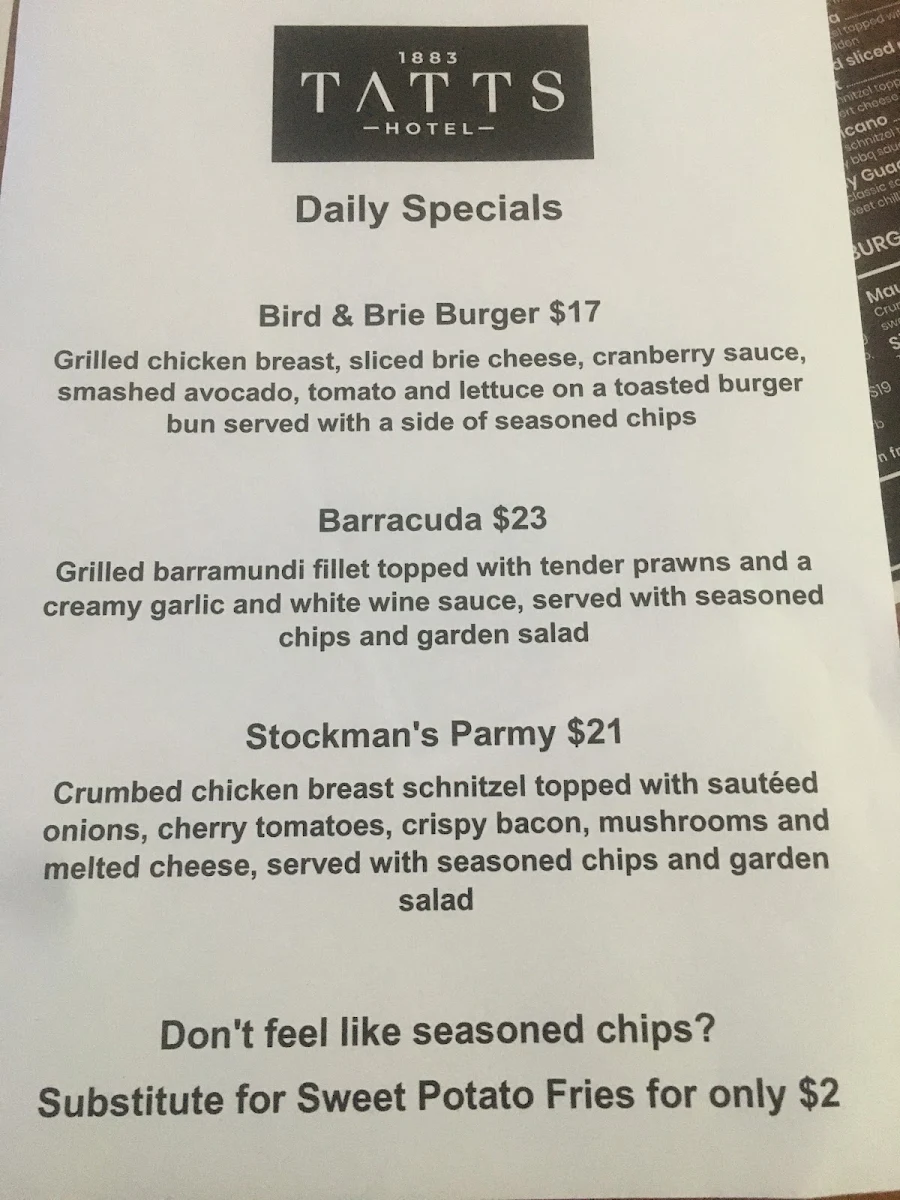 Menu, Tatts Hotel