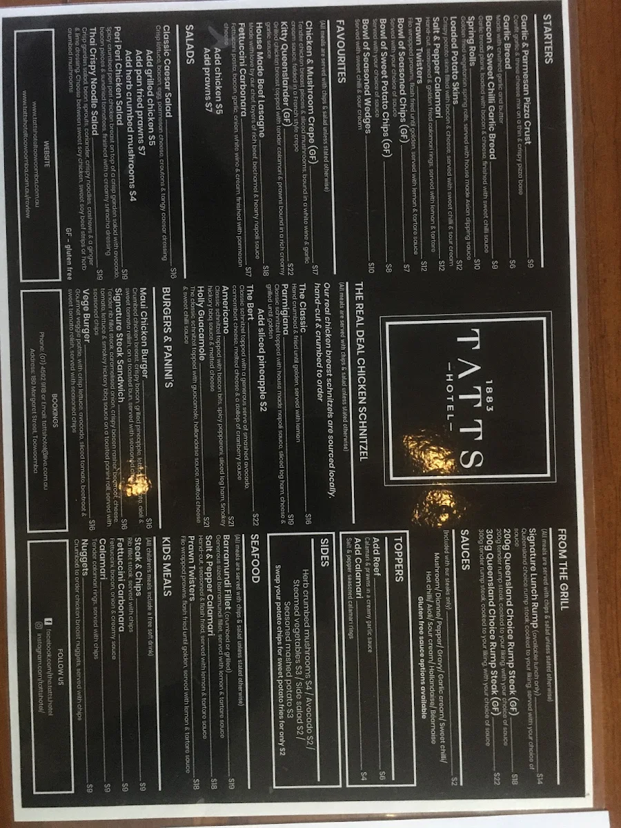 Menu, Tatts Hotel