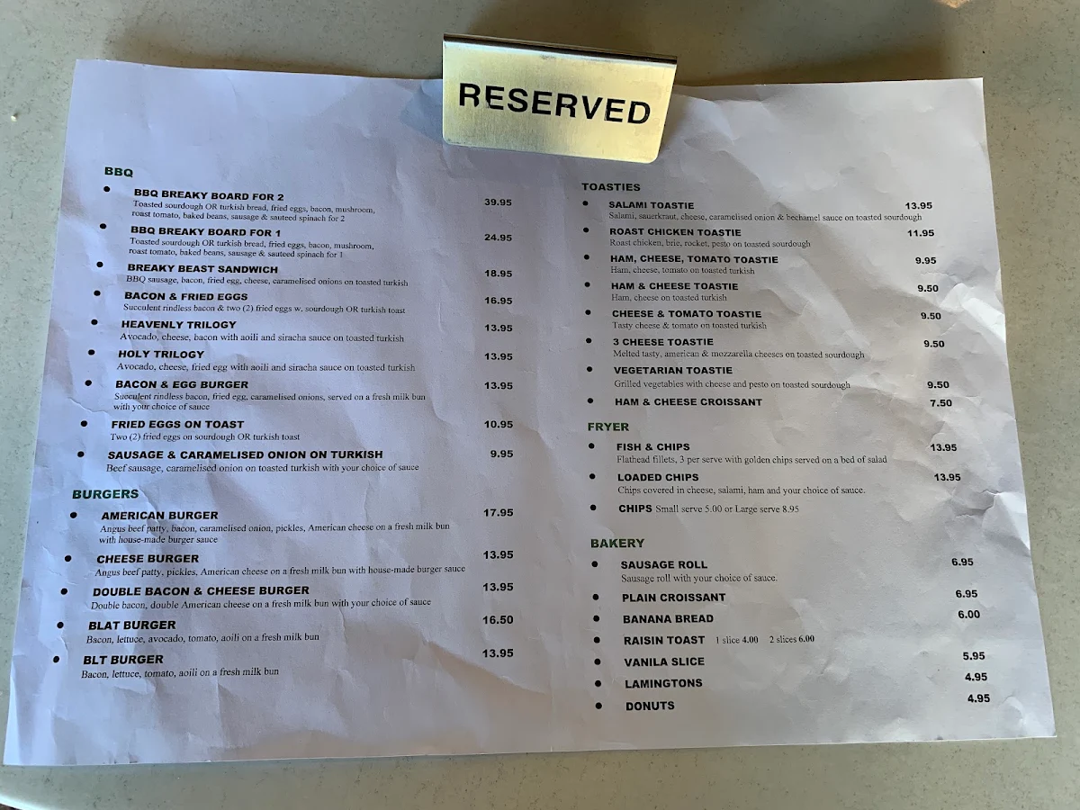 Menu, Bobby's Cafe Ettalong Beach