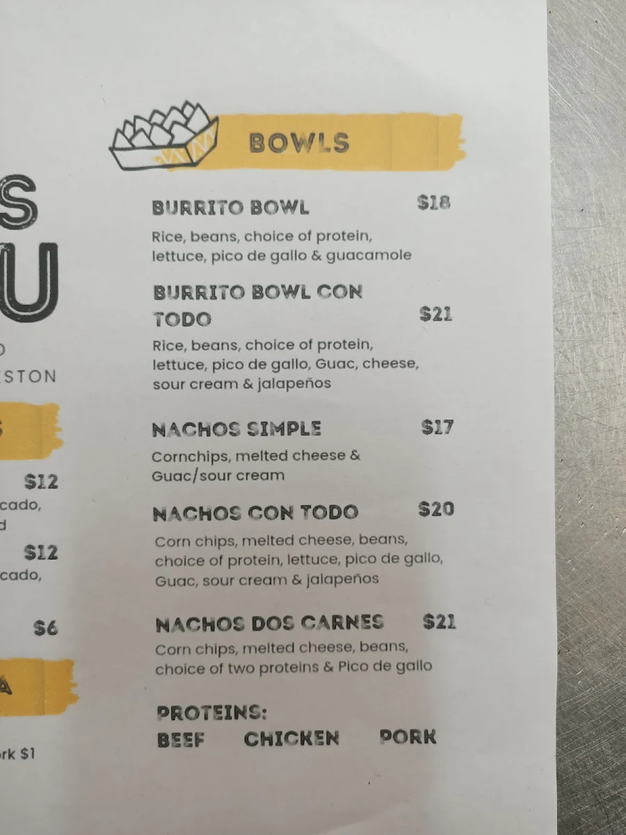 Menu, Charlies Tacos