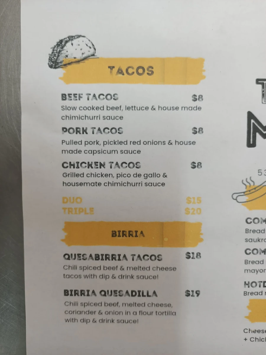 Menu, Charlies Tacos