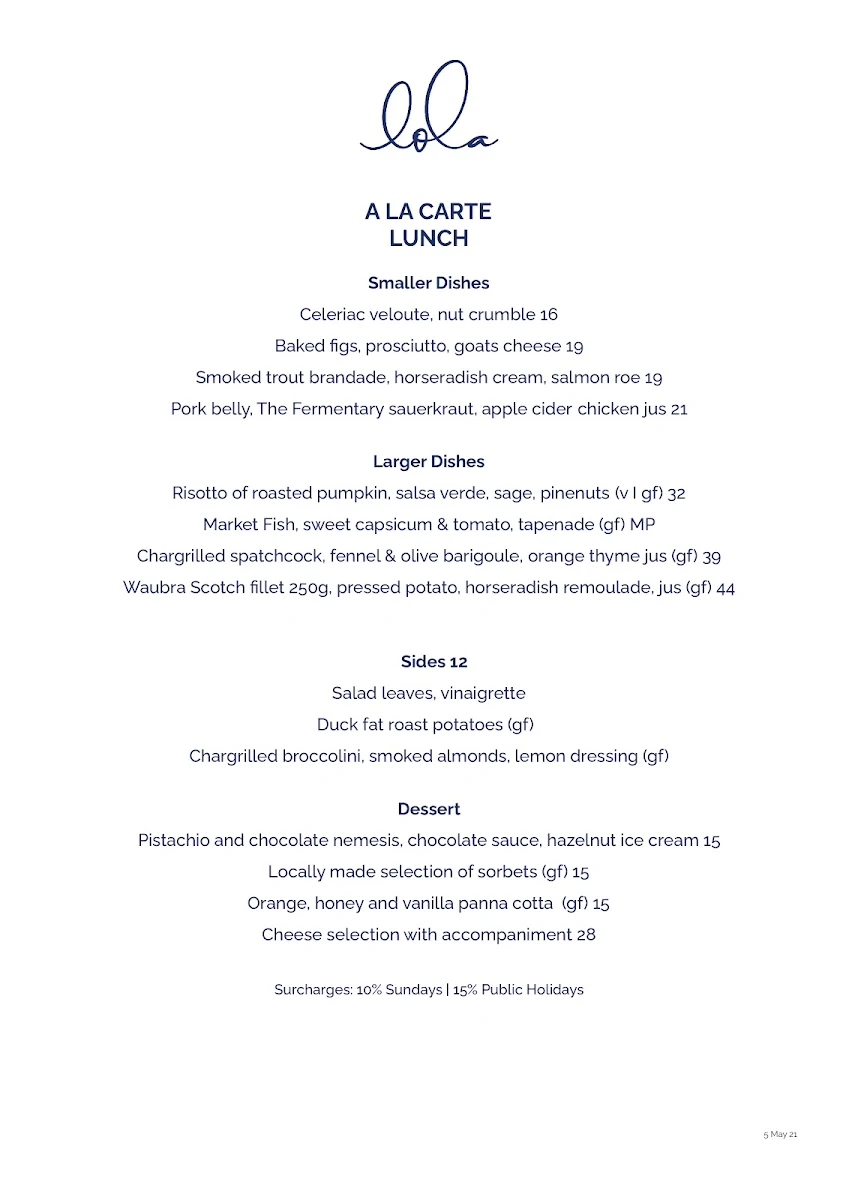 Menu, Restaurant Lola