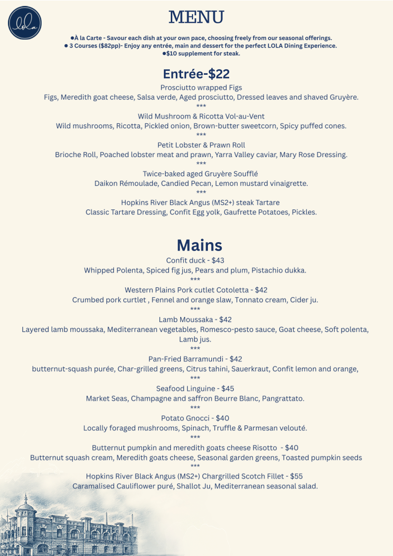 Menu, Restaurant Lola