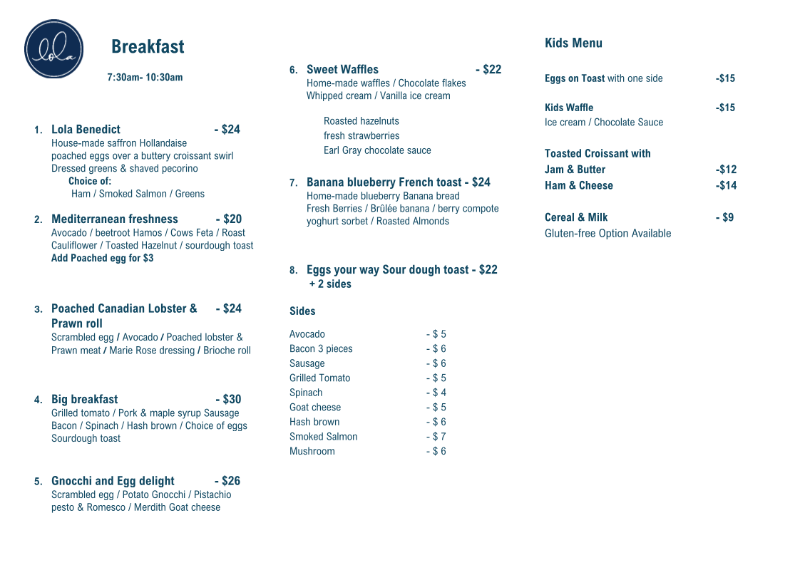 Menu, Restaurant Lola