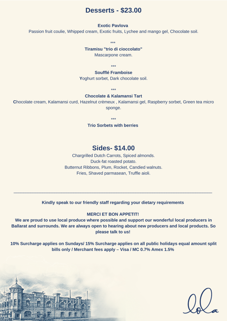 Menu, Restaurant Lola