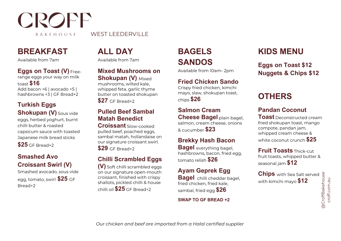 Menu, Croff Bakehouse & Kitchen (West Leederville)