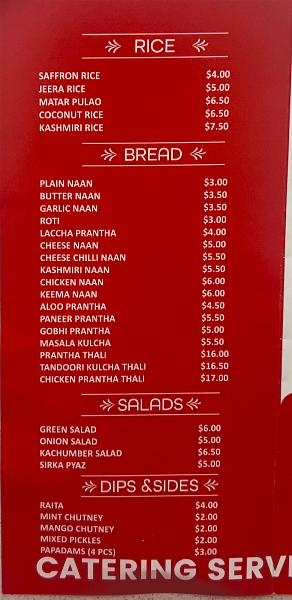 Menu, The Knox Curry Club Wantirna South
