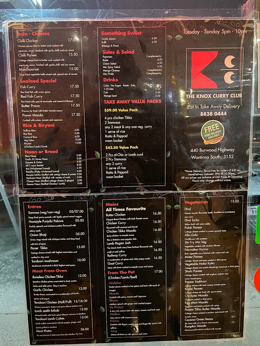 Menu, The Knox Curry Club Wantirna South