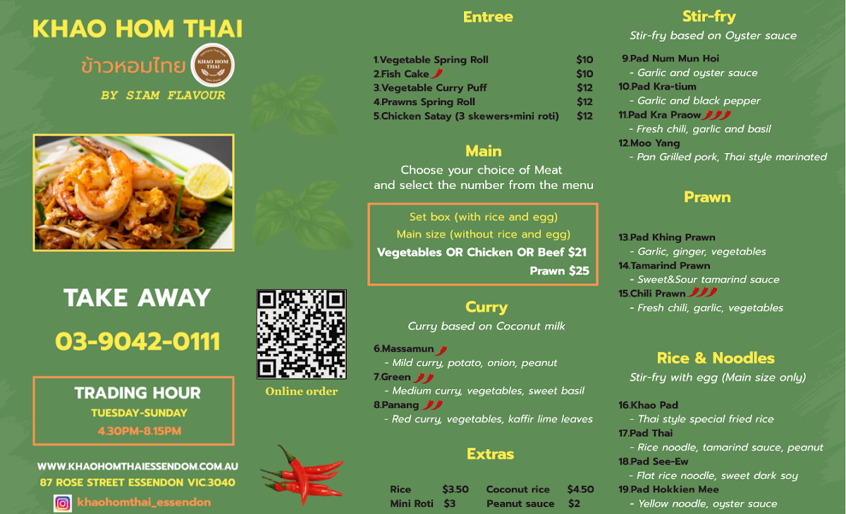 Menu, Khao Hom Thai...... Take away